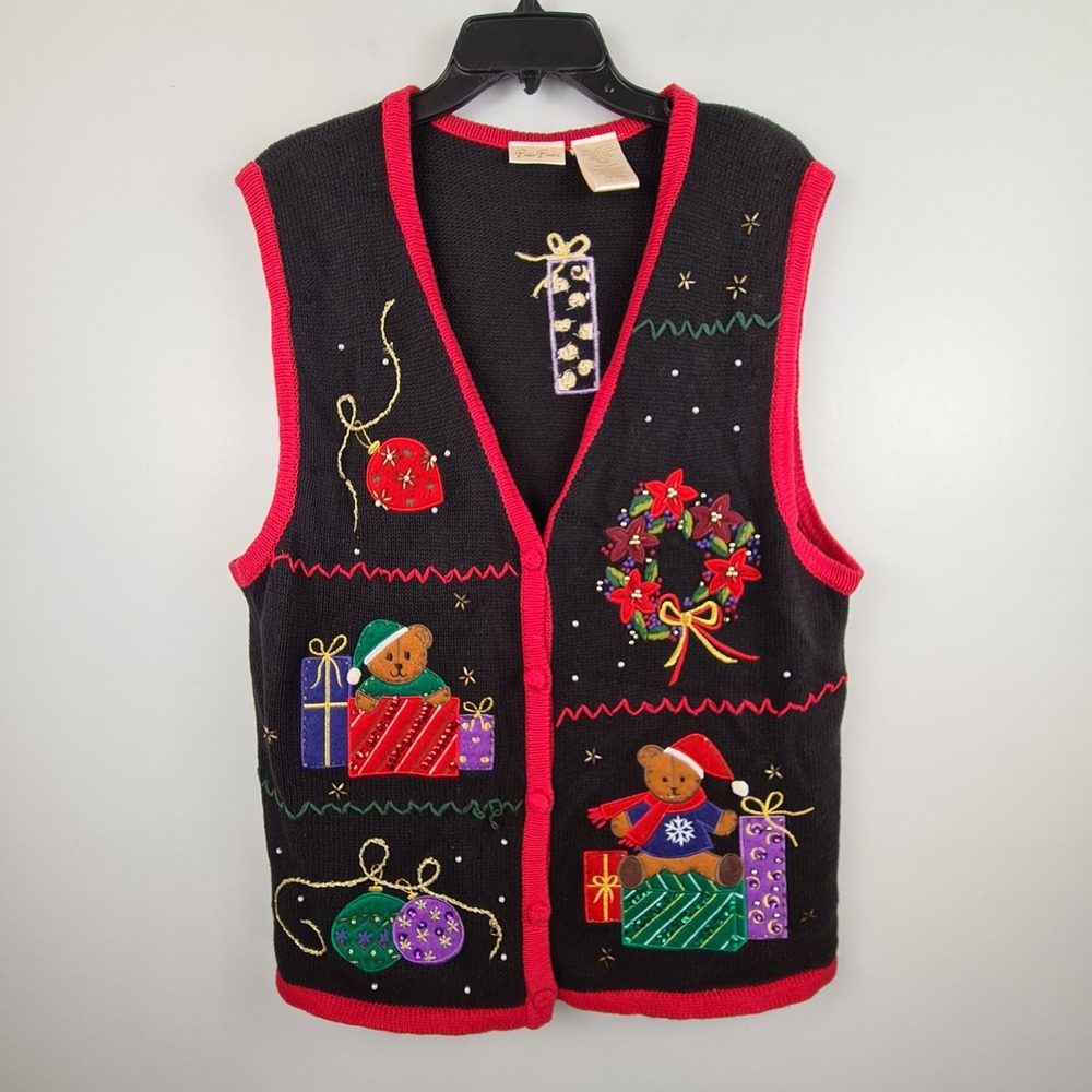 Bobbie Brooks Christmas Sweater Vest Womens L Black Red Teddy Bear Ugly Party